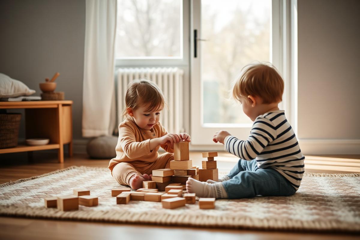 To børn leger sammen med klodser på gulvet under en legeaftale – Babyens udvikling måned for måned – hvad kan din baby typisk?