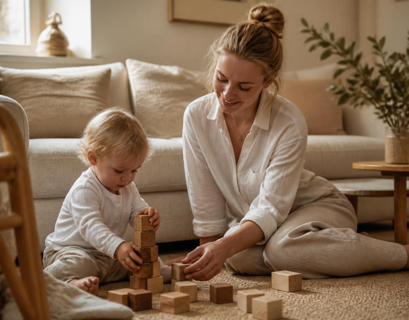 Børnepasser og barn leger sammen i en lys stue